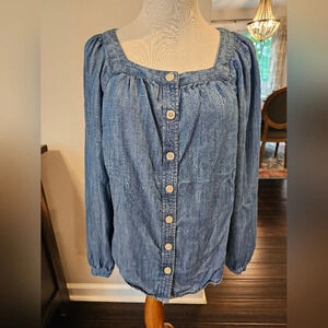 Talbots •Size Small• 100% Tencel Button Front Soft Blouse Square Neck Comfort